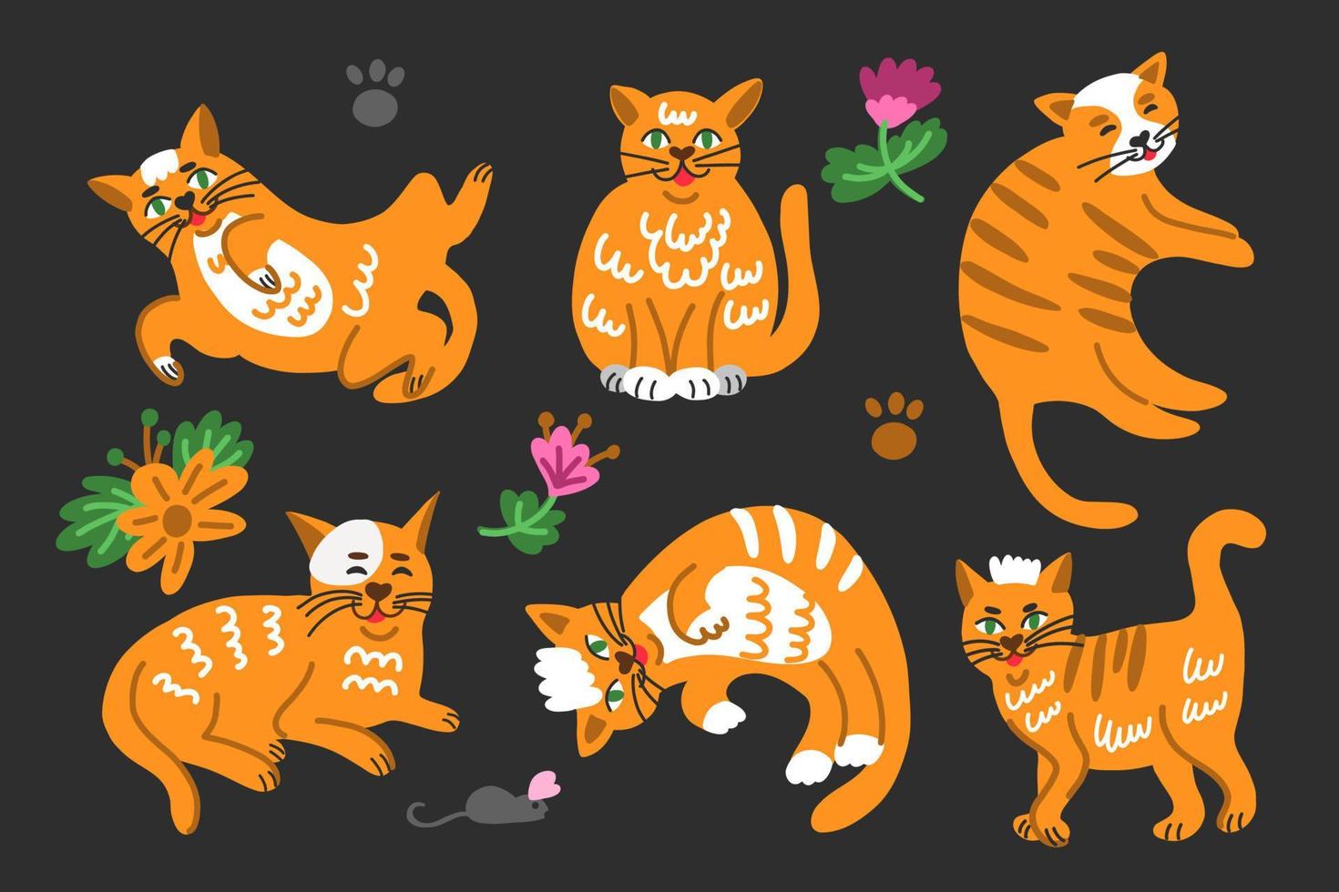 conjunto de gatos divertidos en diferentes poses. vector