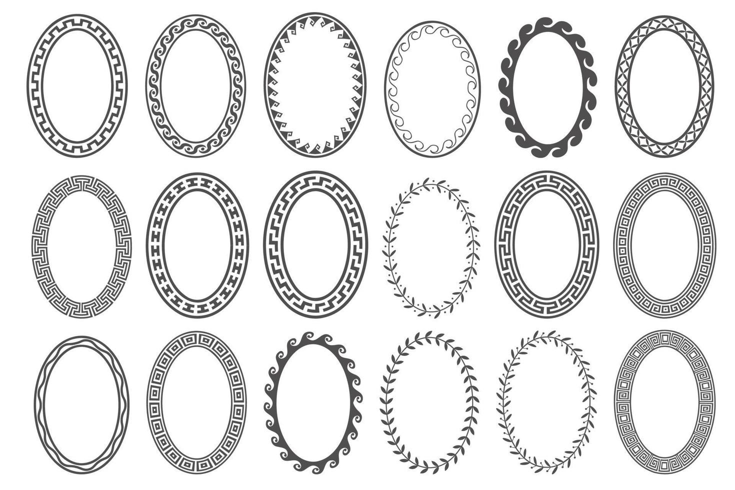 Greek key oval frame set. Ellipse ancient designs. Circle borders with meander ornaments. Vector