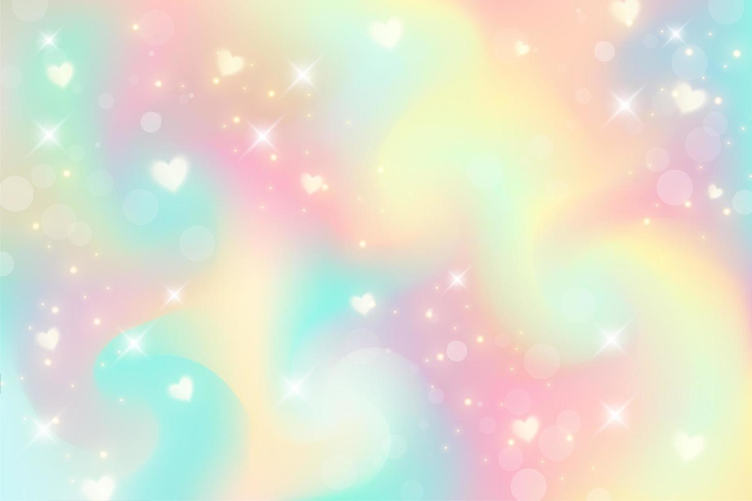 Fantasy watercolor illustration with rainbow pastel sky with stars and hearts. Abstract unicorn cosmic backdrop. Cartoon girlie vector illustration.