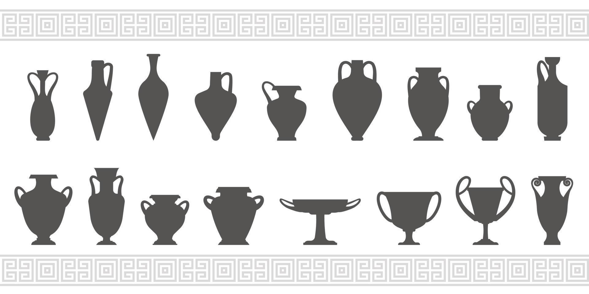 Greek vases silhouettes. Ancient amphoras and pots glyph illustration. Clay ceramic earthenware. Vector. vector