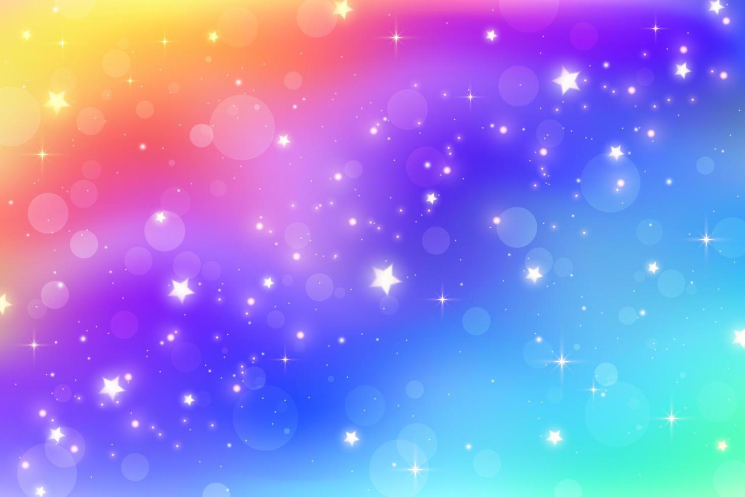 Fantasy watercolor illustration with rainbow sky with stars. Abstract unicorn cosmic backdrop. Cartoon girlie vector illustration.