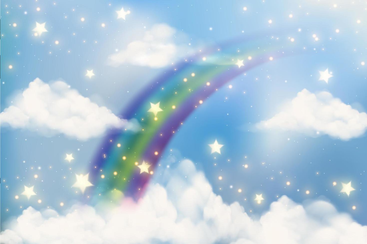 arco iris y nubes sobre fondo degradado. cielo de fantasía con estrellas. fondo abstracto de unicornio. linda ilustración vectorial de acuarela. vector