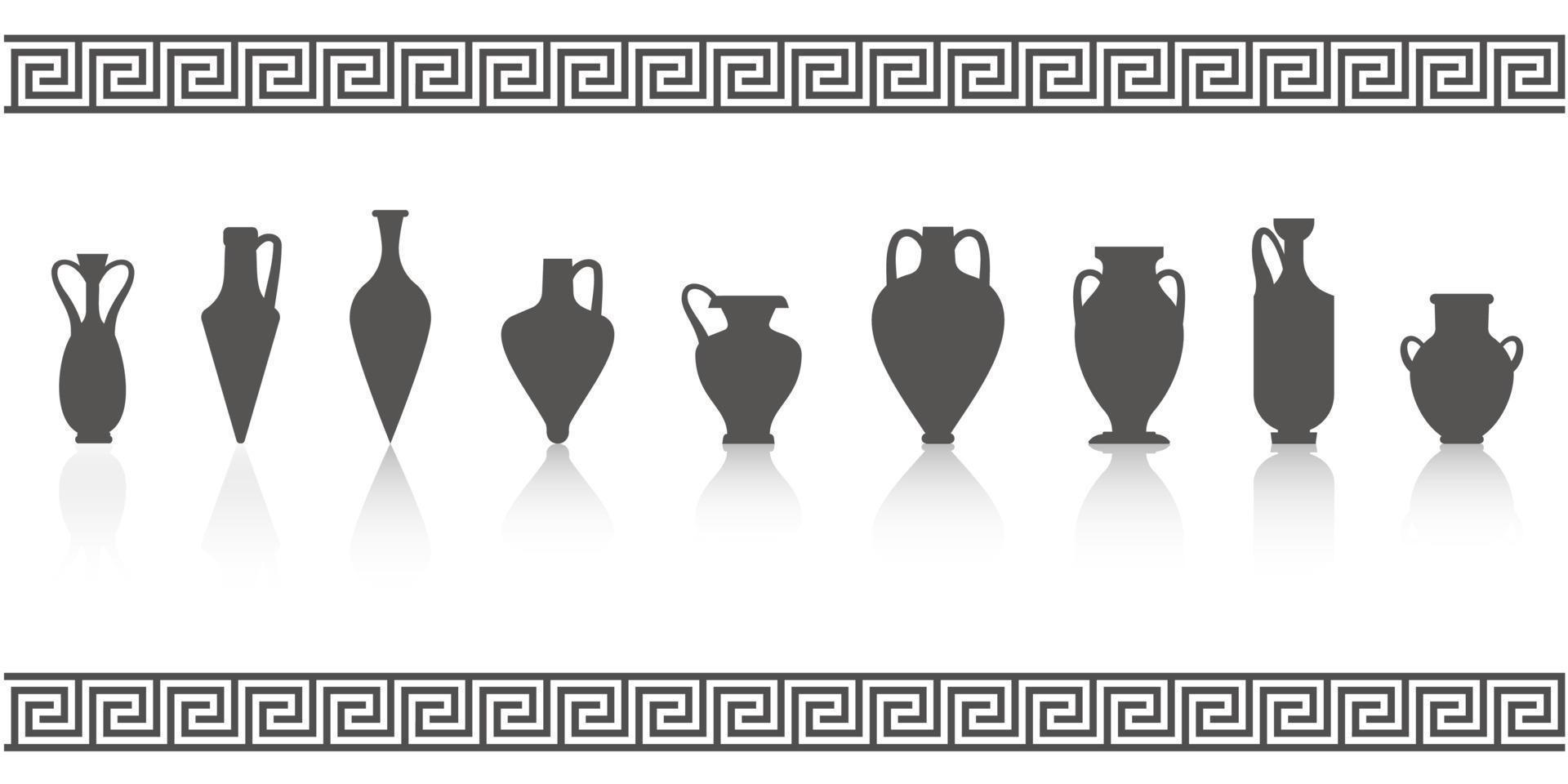 Greek vases silhouettes. Ancient amphoras and pots glyph illustration. Clay ceramic earthenware. Vector. vector