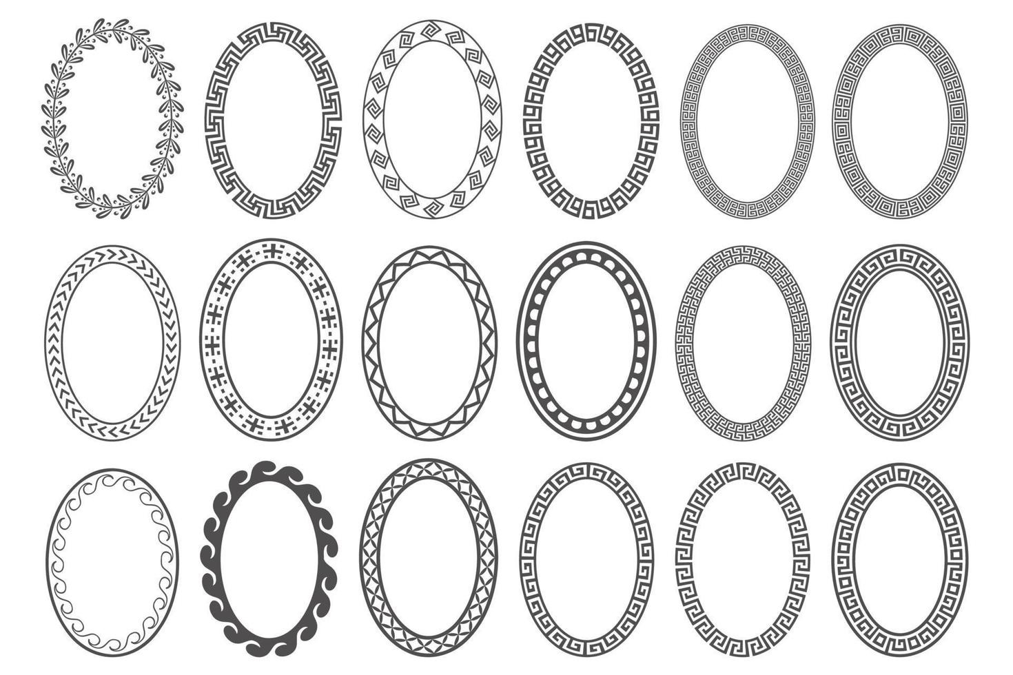 Greek key oval frame set. Circle borders with meander ornaments. Ellipse ancient designs. Vector