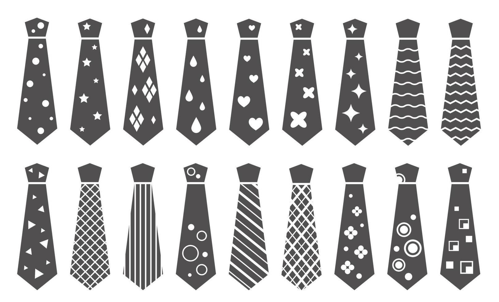 Black ties silhouettes on white background. Necktie icon set for cloth design. Vector illustration.