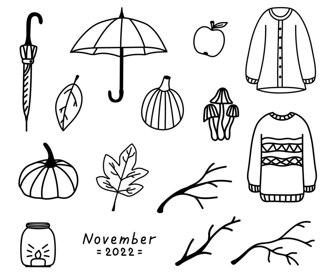 Autumn cozy set of doodle elements. Hand drawn isolated sweaters, umbrellas, leaves, pumpkins, branches. Cute autumn outline vector illustration