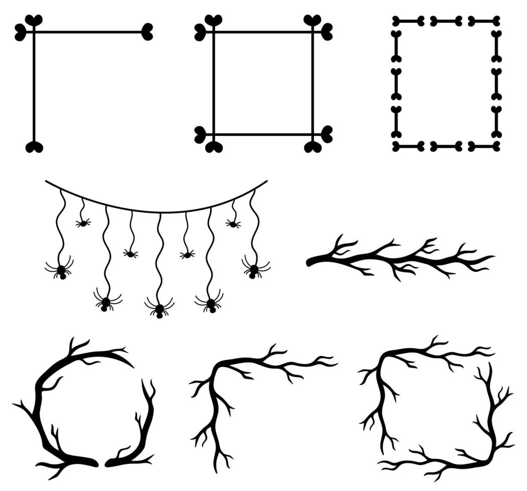 Set of halloween doodle frames isolated. Hand drawn round, square frames, corners. Vector spooky elements of trees, bones, spiders