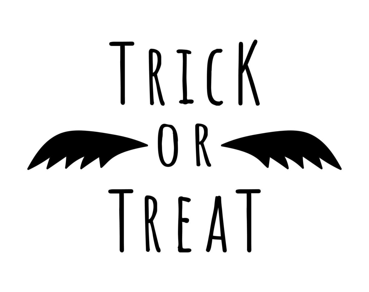 Trick or treat lettering clip art. Doodle halloween vector sticker on a white background. Bat wings illustration