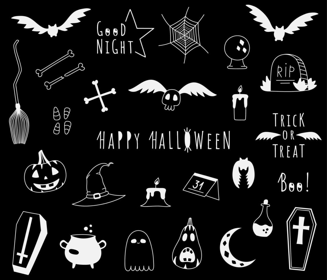 Doodle halloween elements set. Collection of hand drawn white magical items, bats clip art. Happy halloween holiday stickers vector