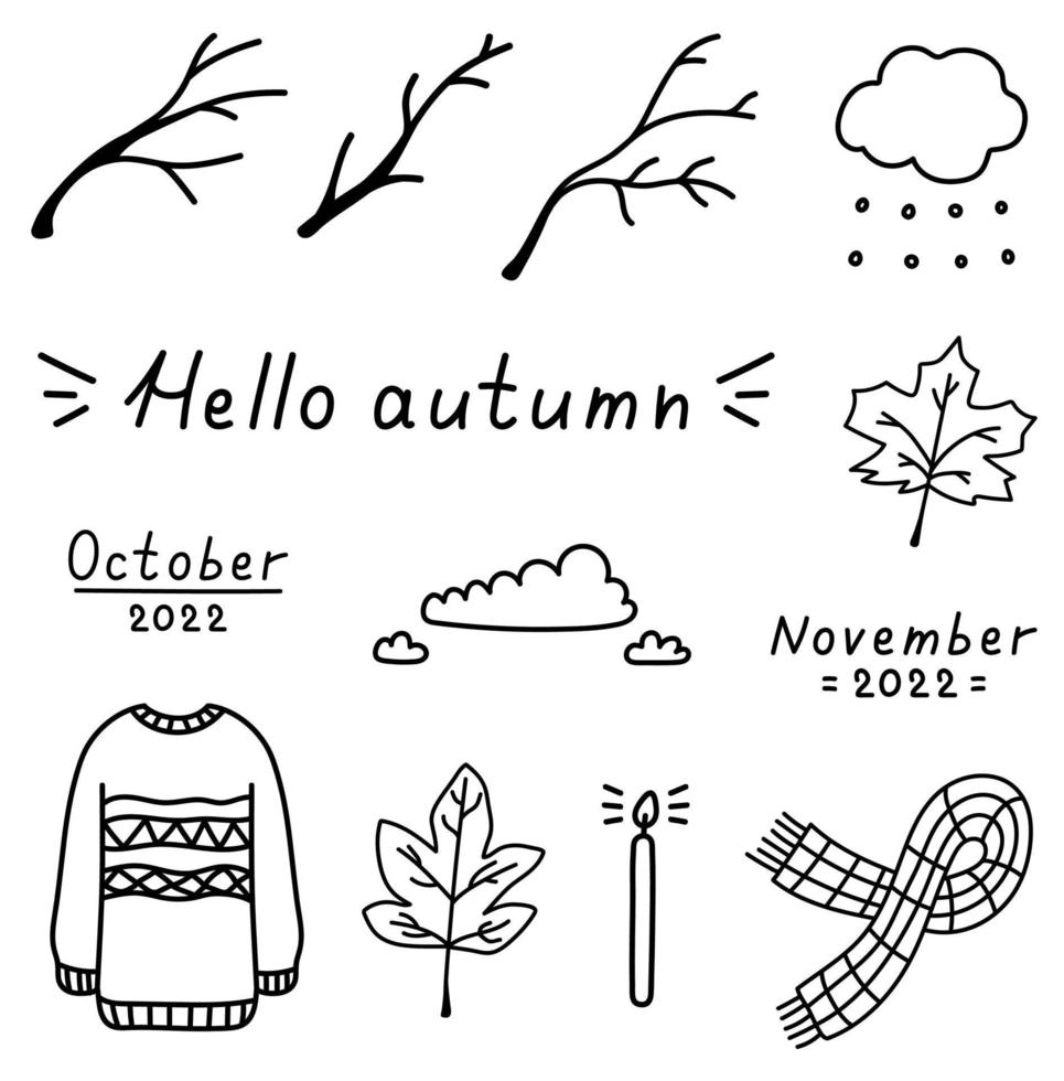 conjunto acogedor de otoño de elementos de doodle. bufanda aislada dibujada a mano, ramas, hojas, nubes, velas. hola ilustración de vector de contorno de otoño