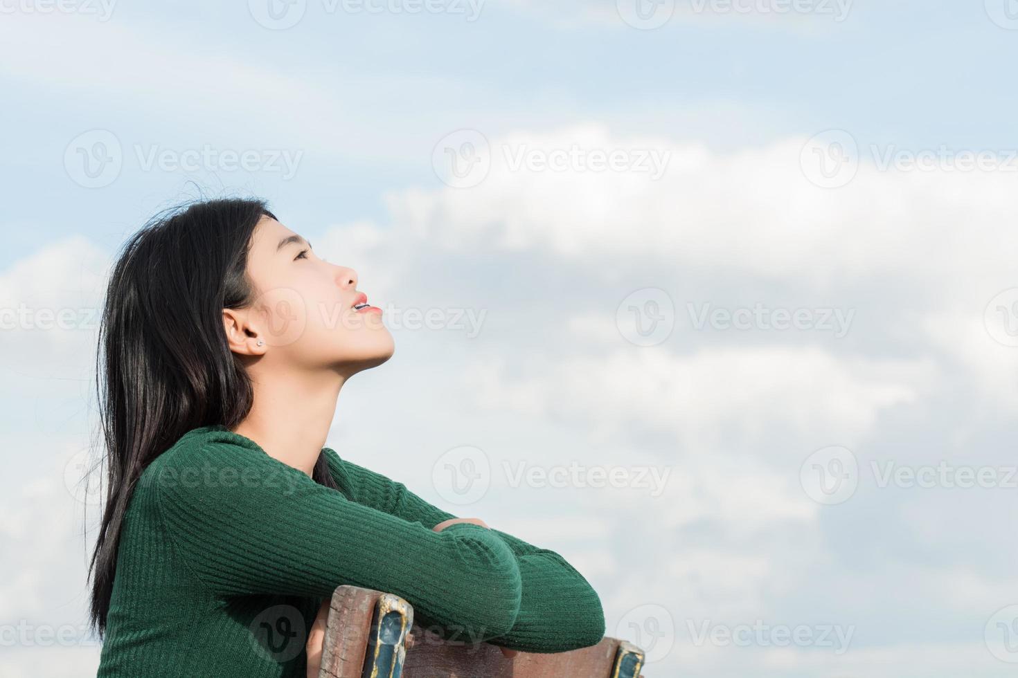 Women breathe oxygen in pure nature. Portrait woman. photo