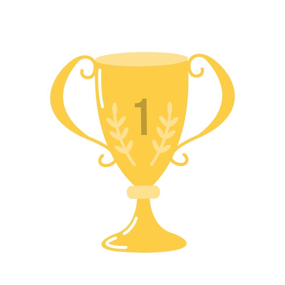 Winning cup, first place, award for merits in sports, Vector flat illustration