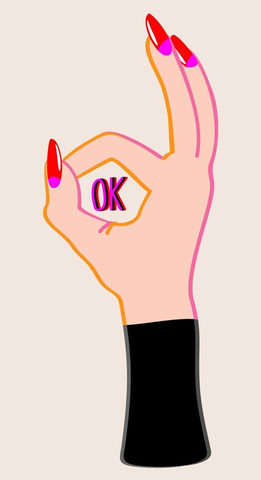 OK hand gesture. Female hand with long red nails. vector