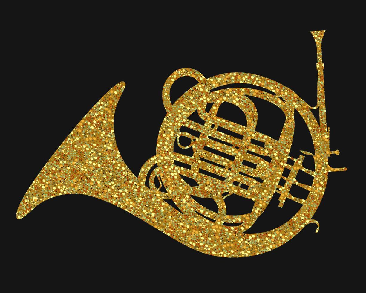 Shining silhouette of french horn on dark background. vector