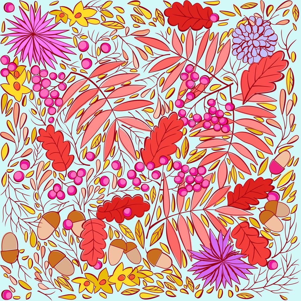 Bright autumn pattern with various leaves, flowers, berries and acorns. vector