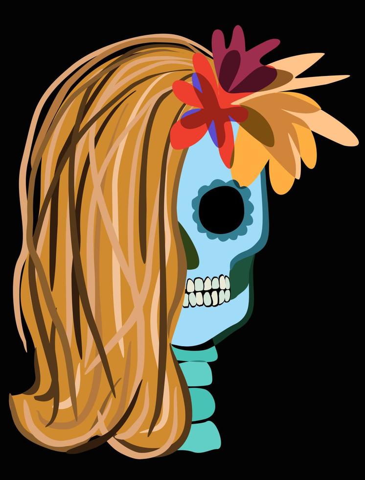 Vector isolated illustration of female skull decorated with flowers.