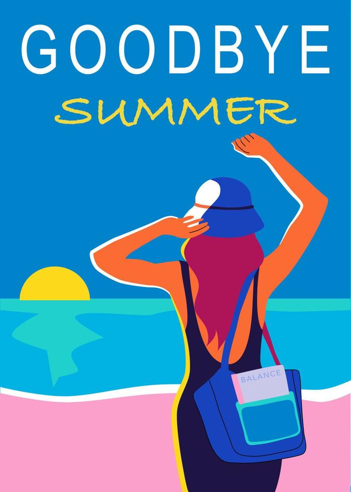 Goodbye summer colourful poster. Woman standing at the seaside and looking at sunset. Trendy lifestyle postcard with lettering. vector