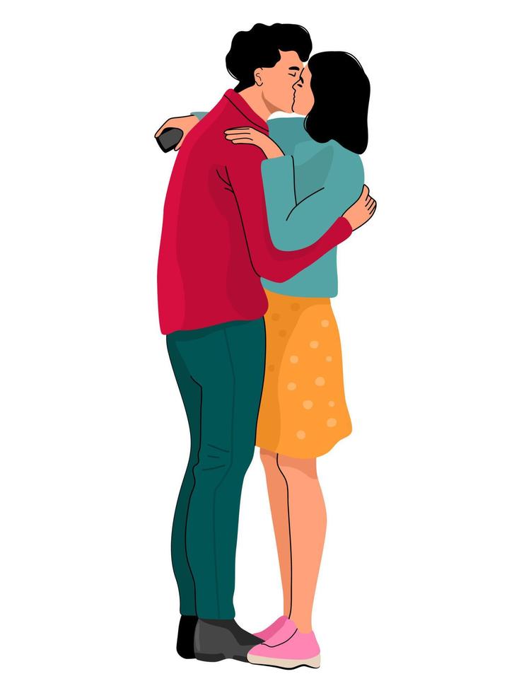Kissing couple isolated on white background. Colourful illustration of man and woman standing, hugging and kissing. A concept of togetherness. vector