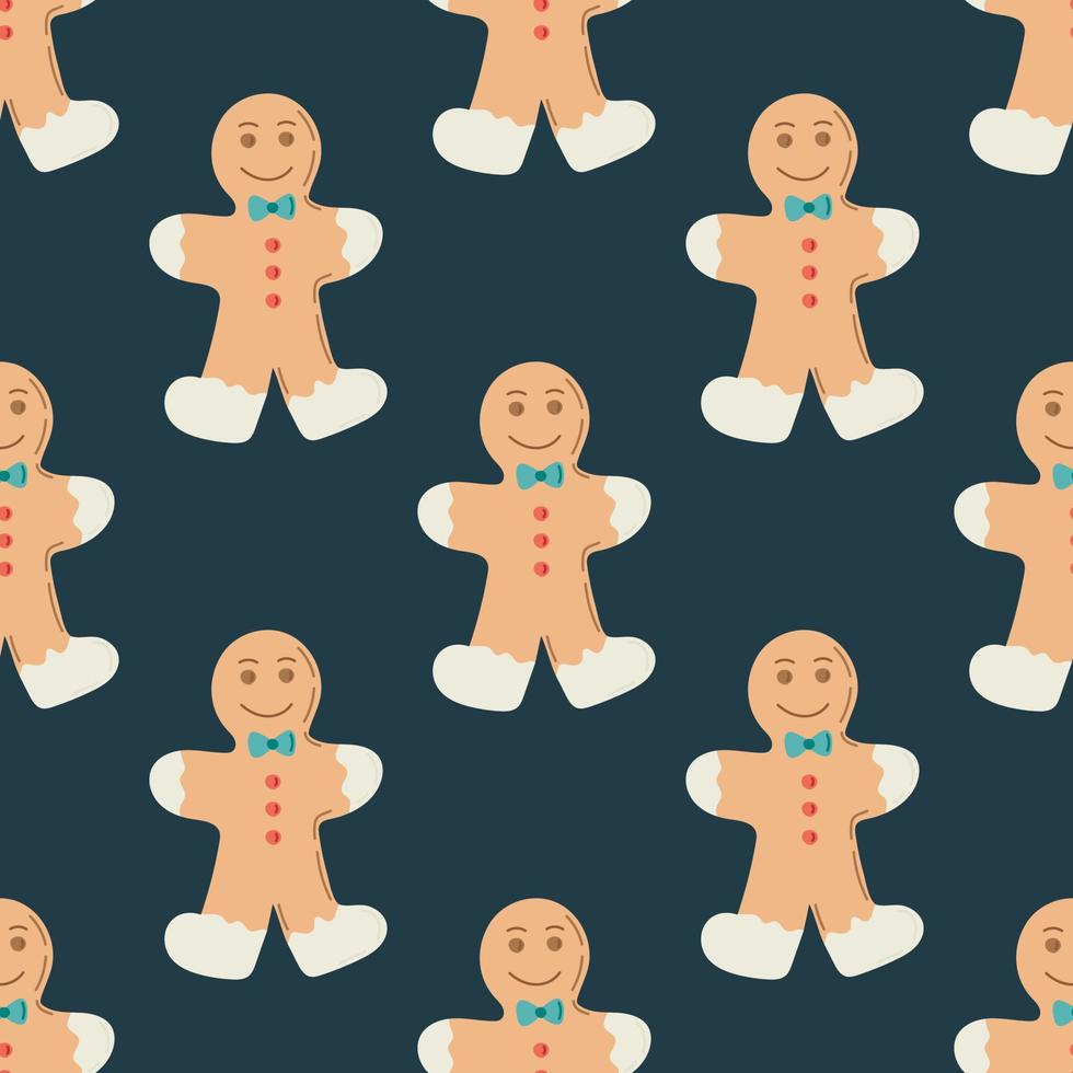Seamless pattern with a gingerbread man on a dark green background. Flat vector illustration