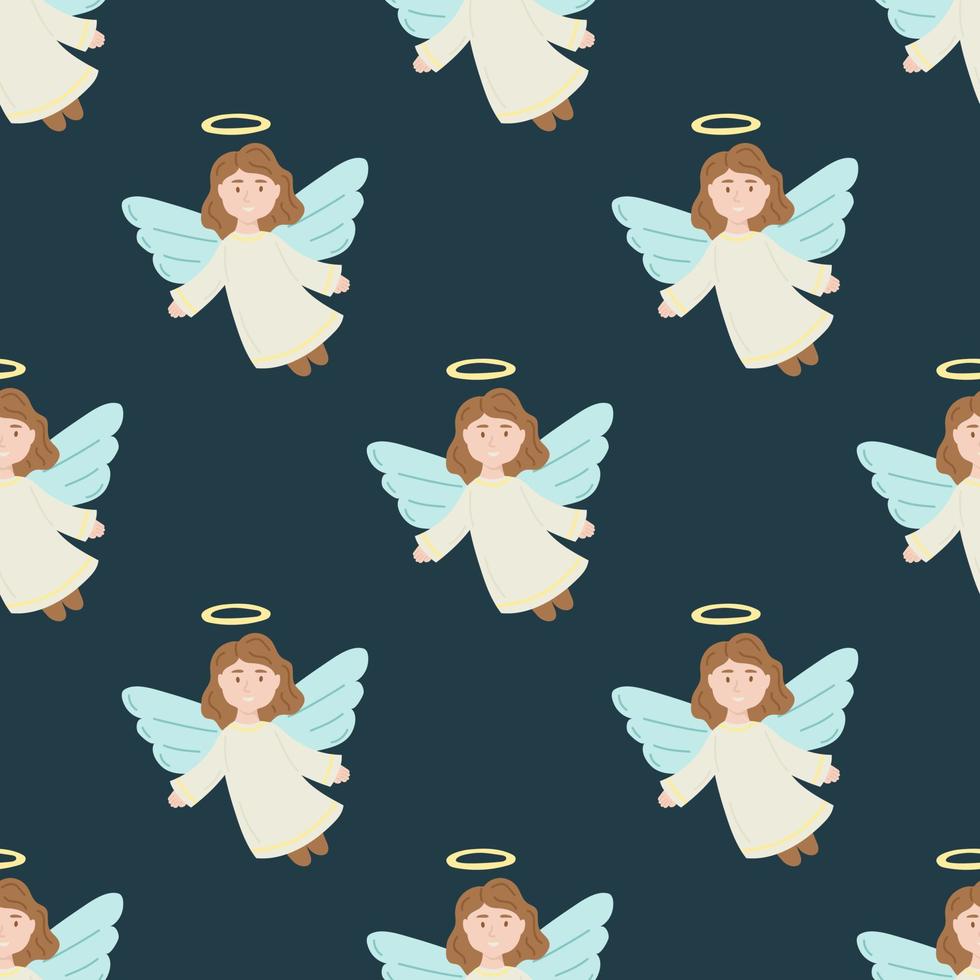 Seamless pattern with an angel on a dark green background. Flat vector illustration