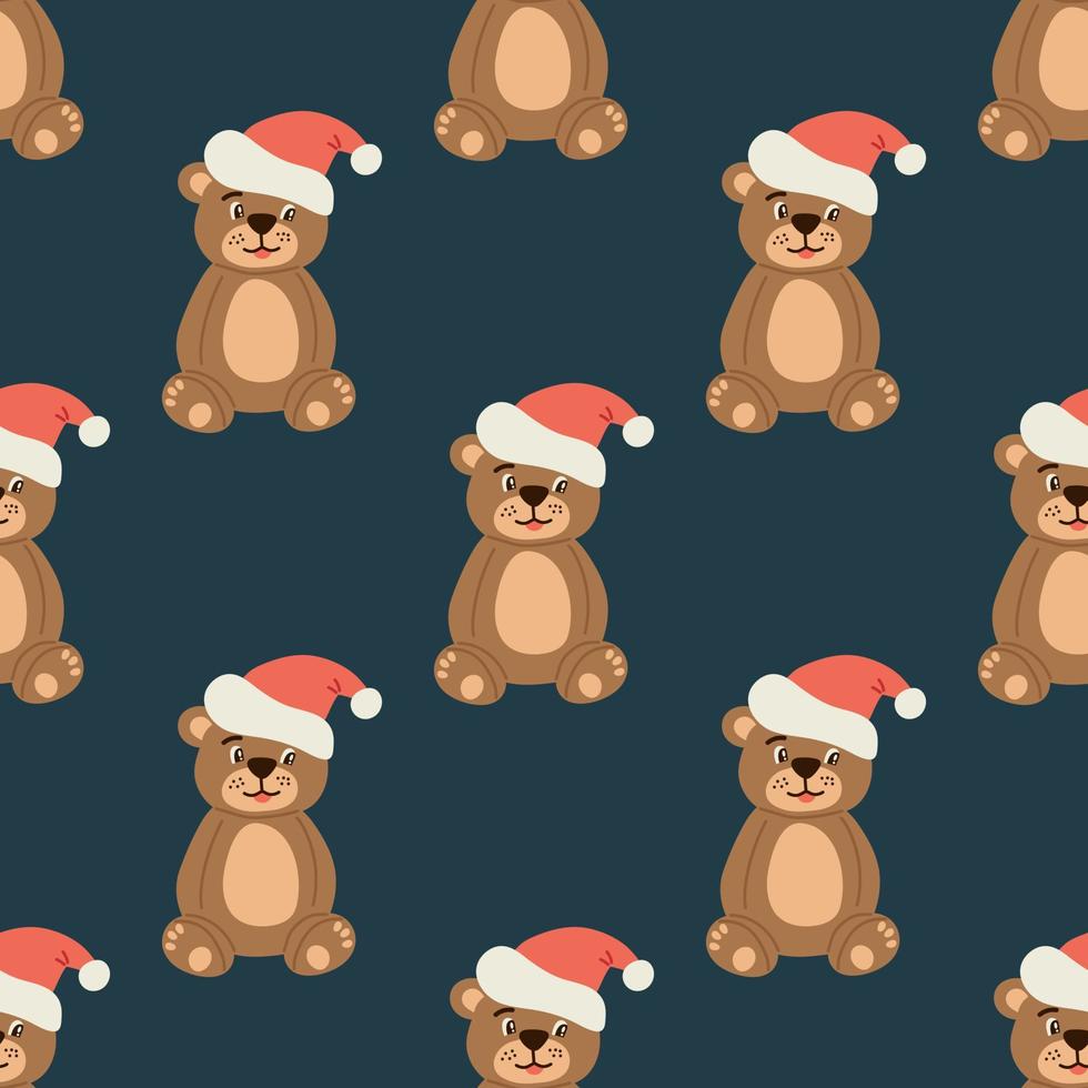 Seamless pattern with a bear in a Santa hat on a dark green background. Flat vector illustration