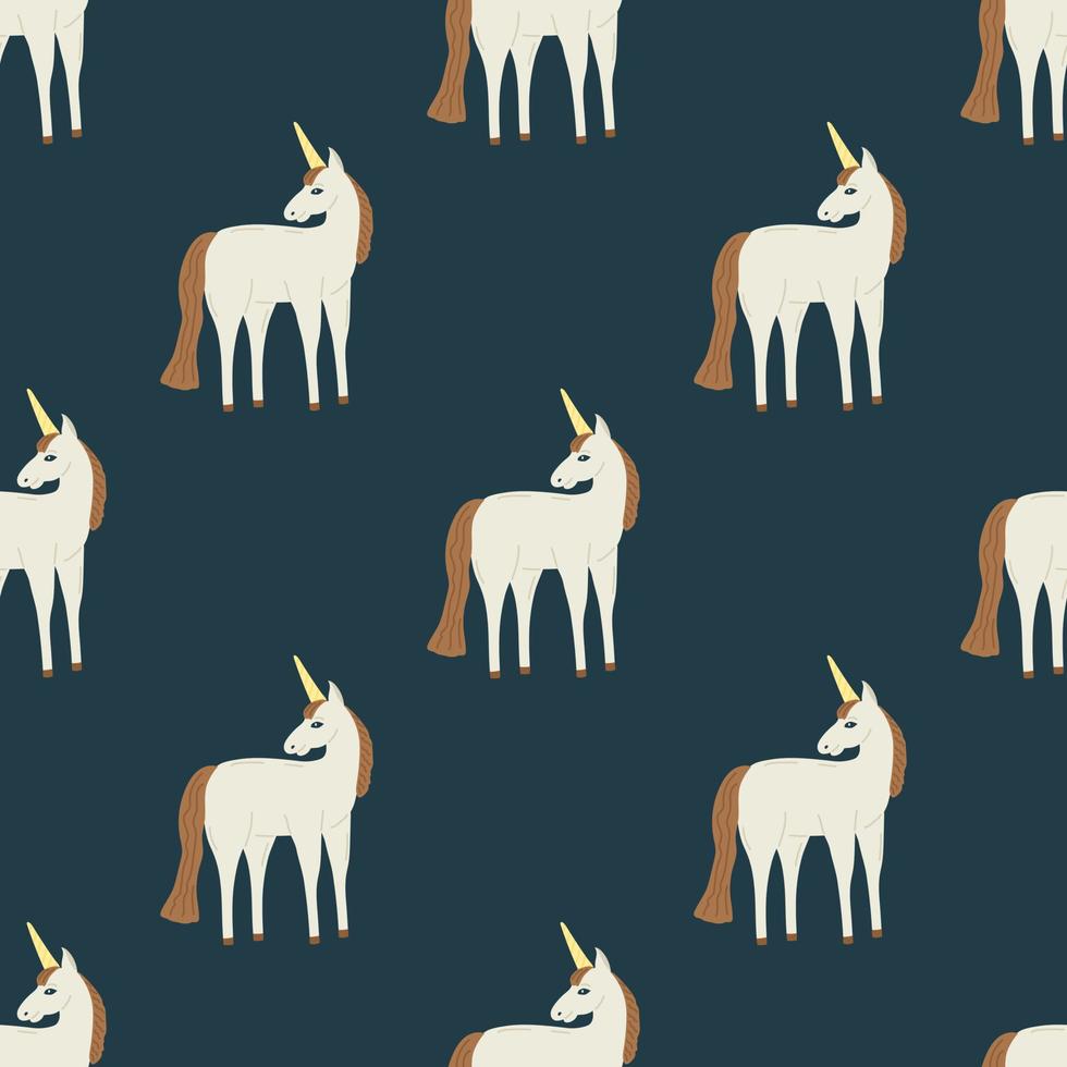 Seamless pattern with a unicorn on a dark green background. Flat vector illustration