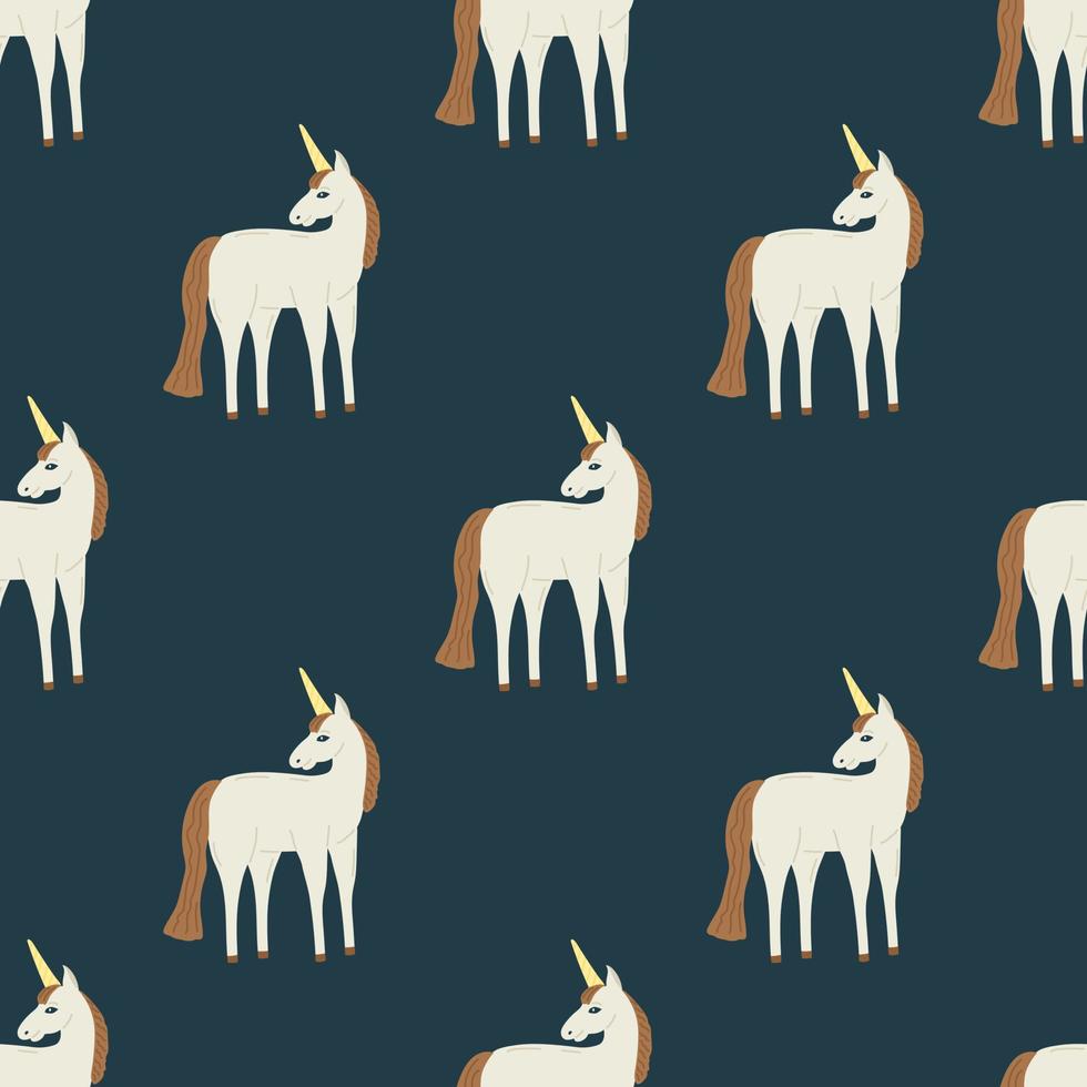 Seamless pattern with a unicorn on a dark green background. Flat vector illustration