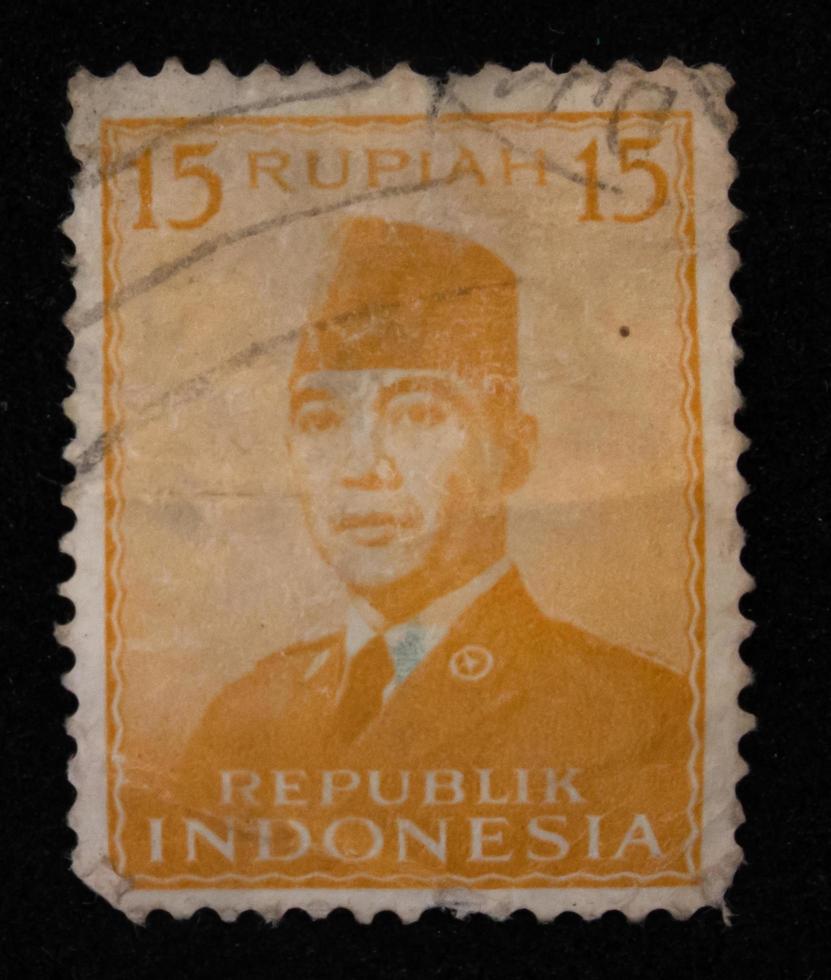 Sidoarjo, Jawa timur, Indonesia, 2022 - Stamp collection philately with the theme of the illustration of the first president of Indonesia, Sukarno photo
