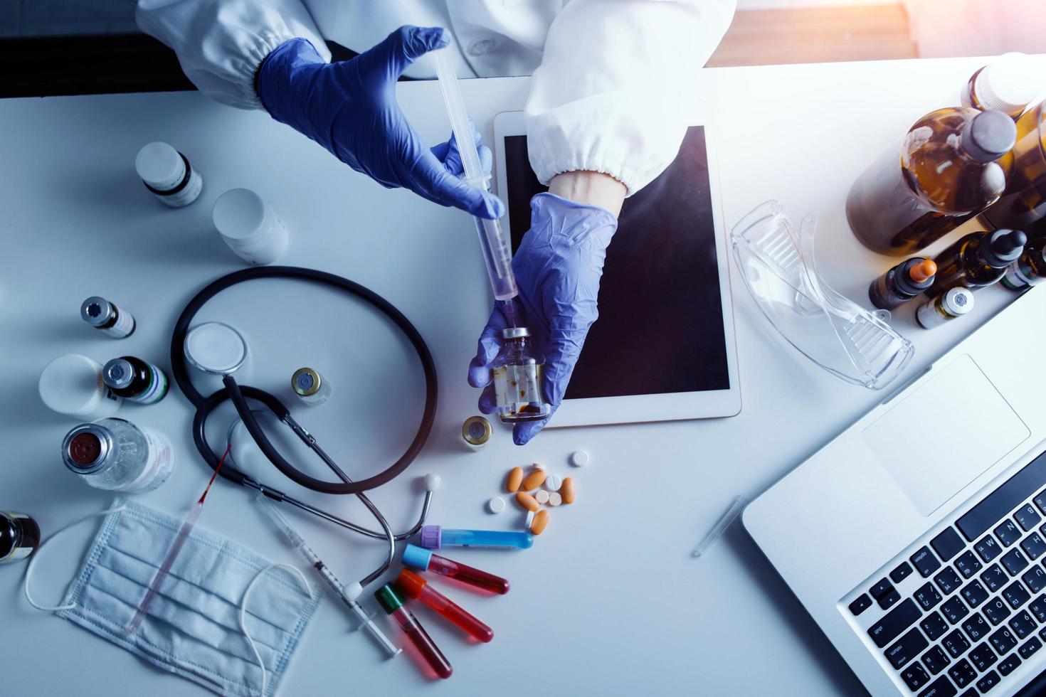 Double exposure of technology healthcare And Medicine concept. Doctors using digital tablet and modern virtual screen interface icons panoramic banner, blurred background. photo