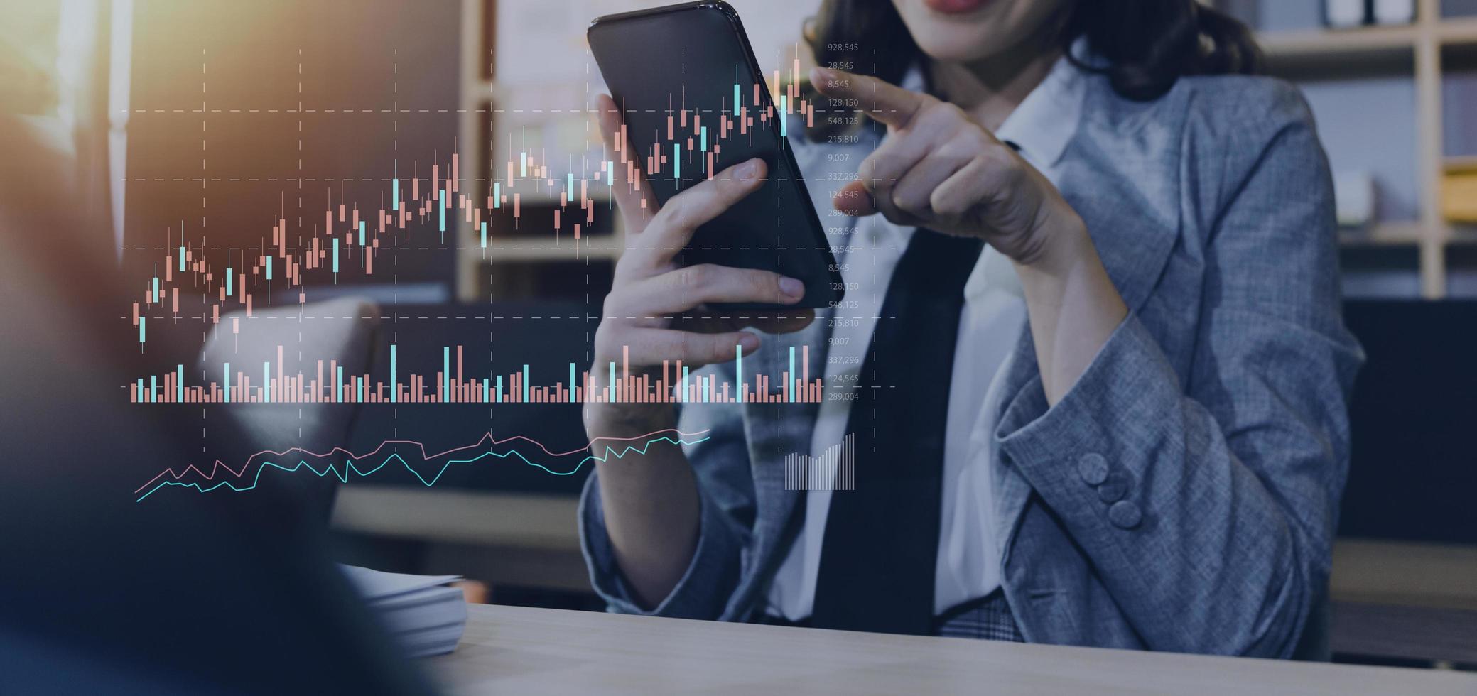 planning and strategy, Stock market, Business growth, progress or success concept. Businessman or trader is showing a growing virtual hologram stock, invest in trading. photo