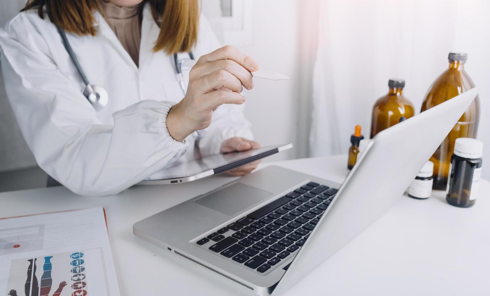 Double exposure of technology healthcare And Medicine concept. Doctors using digital tablet and modern virtual screen interface icons panoramic banner, blurred background. photo