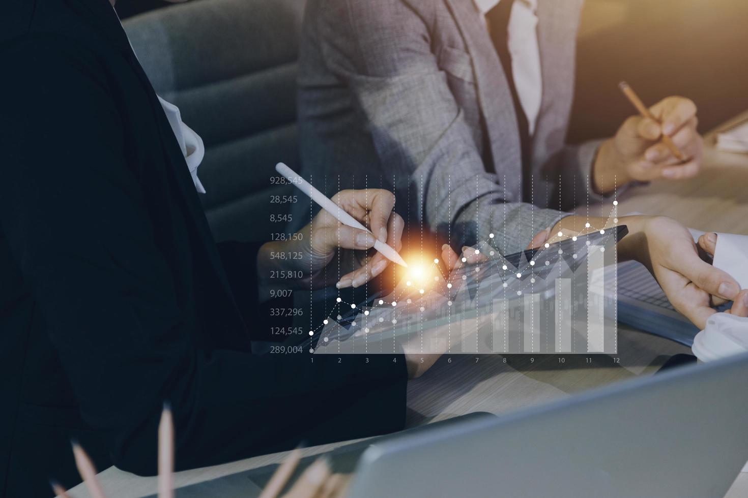 planning and strategy, Stock market, Business growth, progress or success concept. Businessman or trader is showing a growing virtual hologram stock, invest in trading. photo