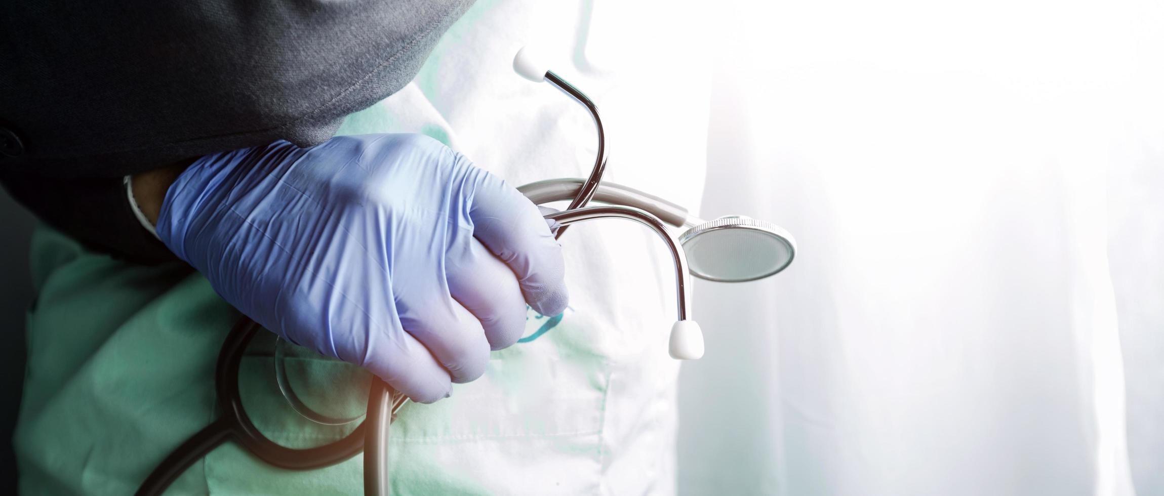 Double exposure of technology healthcare And Medicine concept. Doctors using digital tablet and modern virtual screen interface icons panoramic banner, blurred background. photo