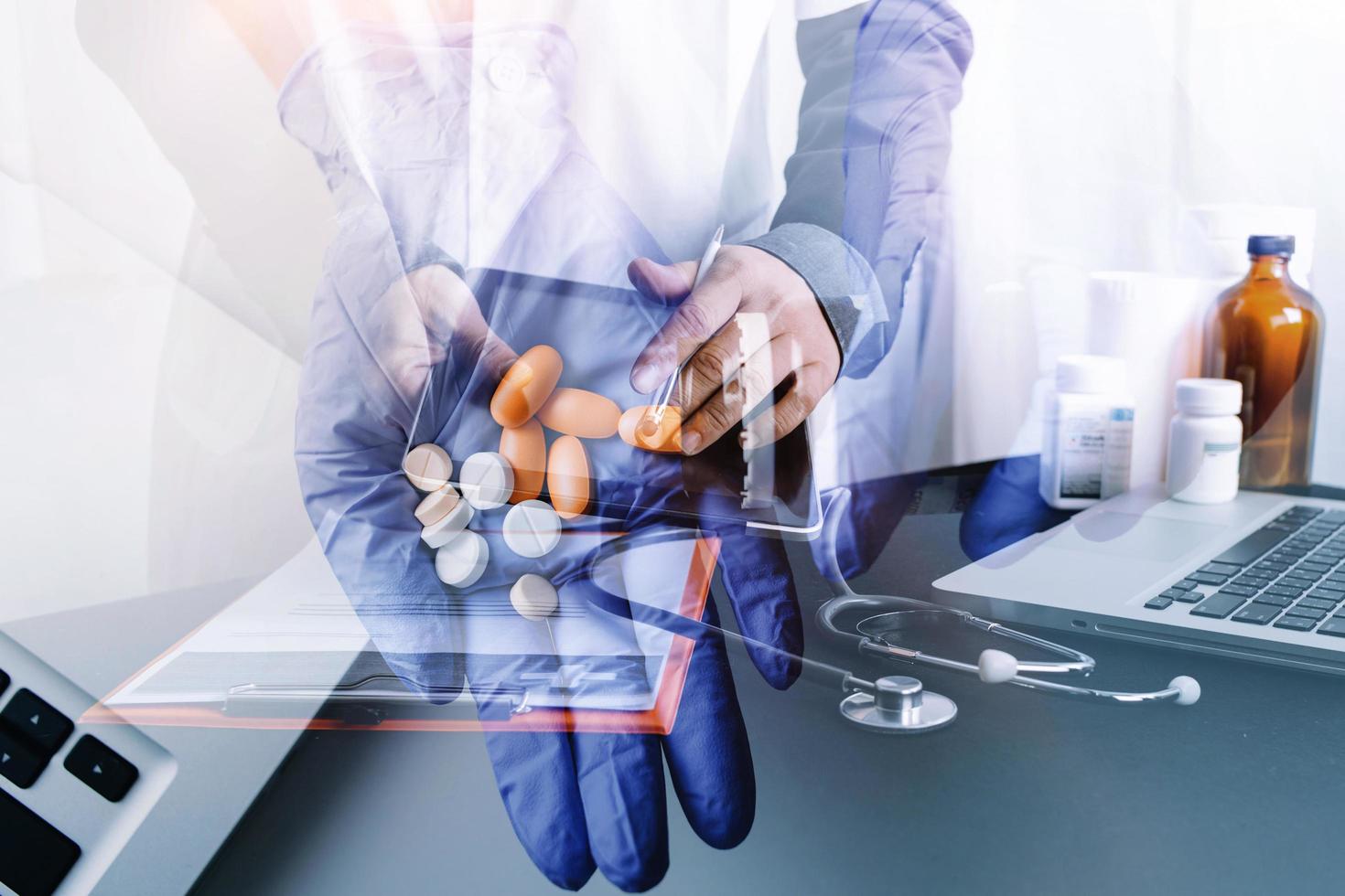 Double exposure of technology healthcare And Medicine concept. Two doctors using digital tablet and modern virtual screen interface icons panoramic banner, blurred background. photo