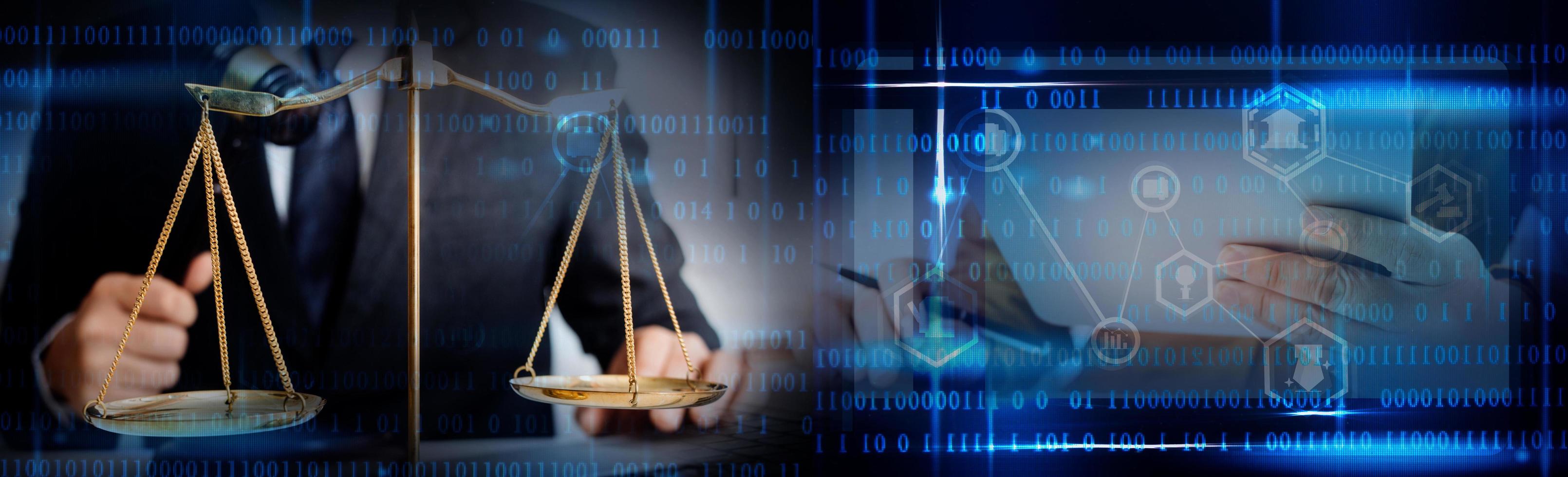 Business and lawyers discussing contract papers with brass scale on desk in office. Law, legal services, advice, justice and law concept picture with film grain effect photo