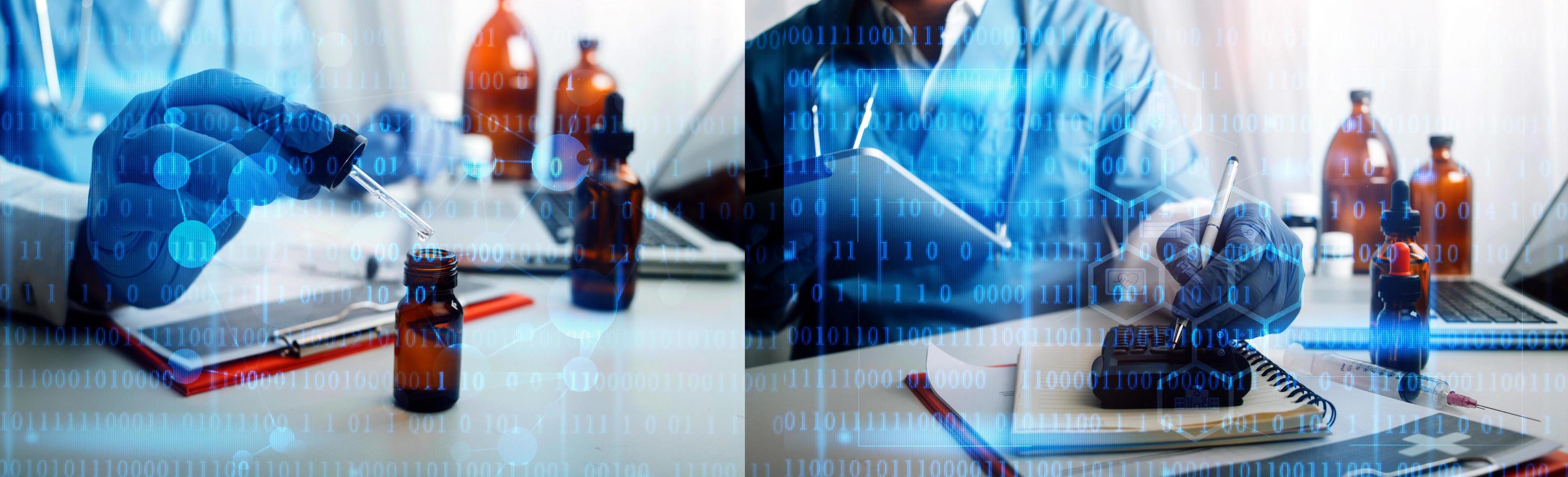 Medicine doctor hand working on a patients x-ray scans digital healthcare and connection with modern virtual screen interface icons, Medical technology and network concept. photo