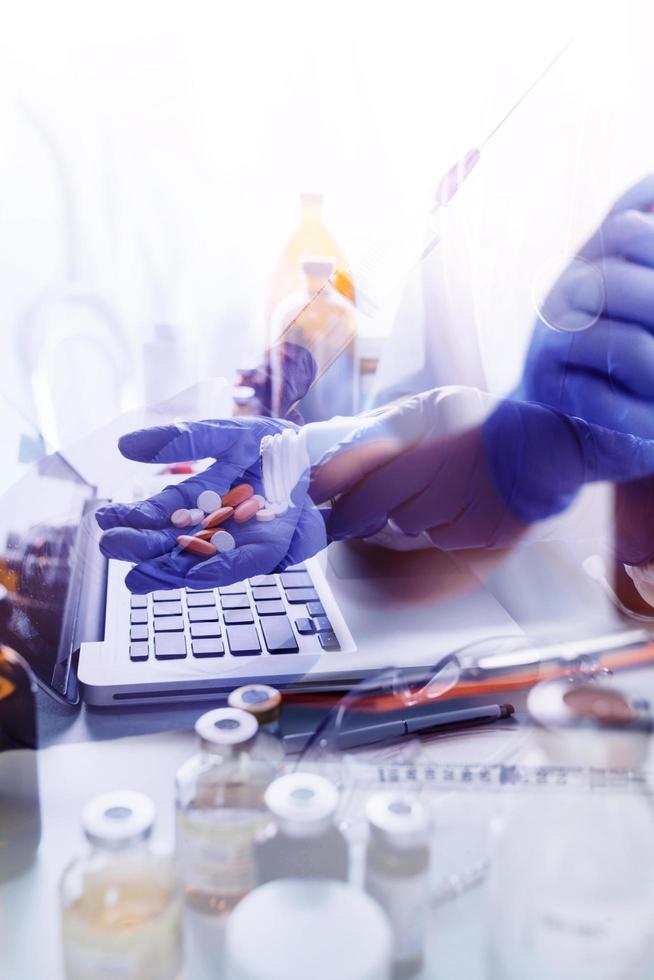 Double exposure of technology healthcare And Medicine concept. Two doctors using digital tablet and modern virtual screen interface icons panoramic banner, blurred background. photo