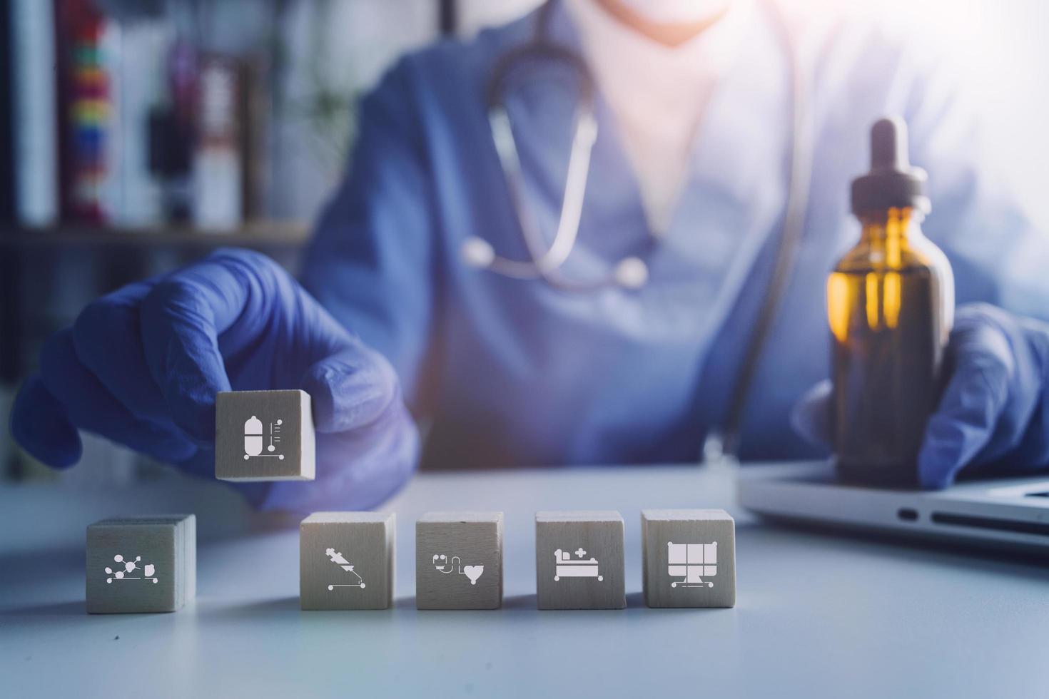 Double exposure of technology healthcare And Medicine concept. Doctors using digital tablet and modern virtual screen interface icons panoramic banner, blurred background. photo