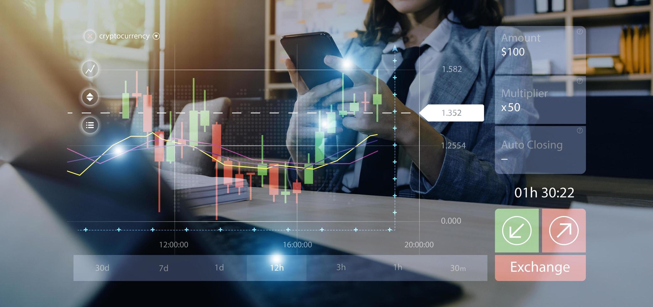 planning and strategy, Stock market, Business growth, progress or success concept. Businessman or trader is showing a growing virtual hologram stock, invest in trading. photo