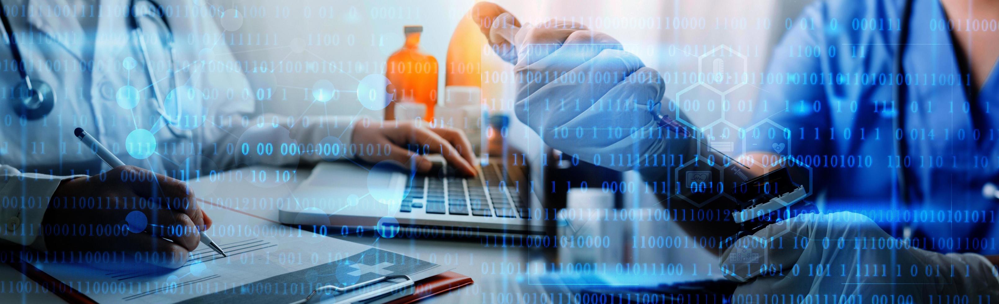 Medicine doctor hand working on a patients x-ray scans digital healthcare and connection with modern virtual screen interface icons, Medical technology and network concept. photo