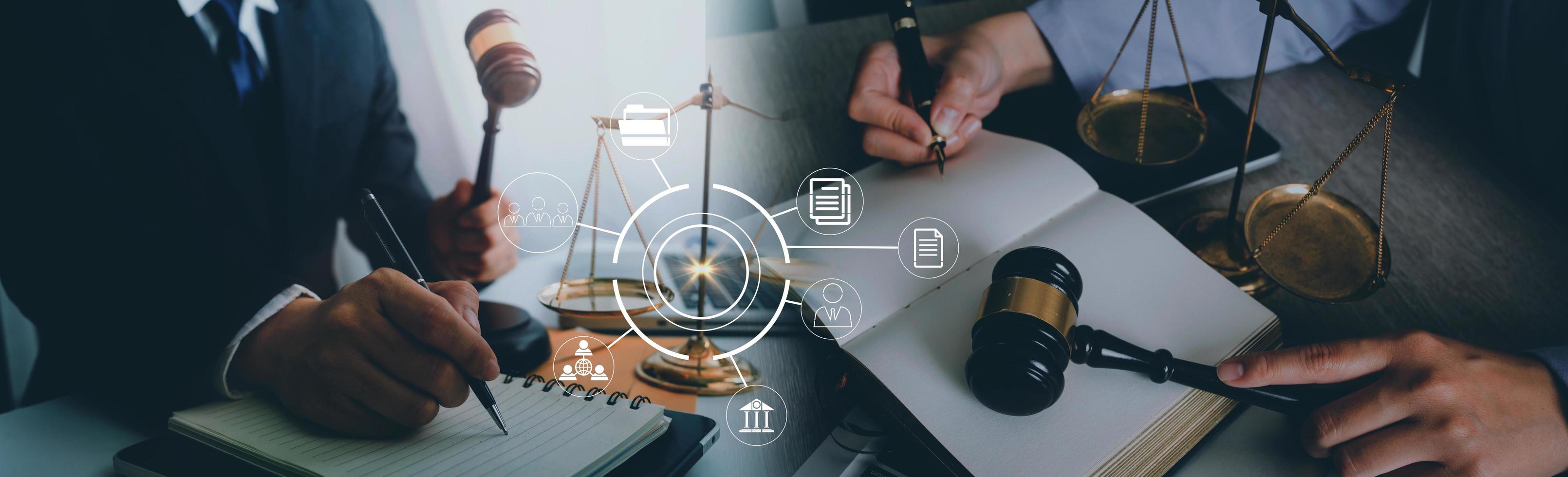 Justice and law concept. Gavel on sounding block in hand's Male judge at a courtroom, working with document law books, report the case on table in modern office. photo