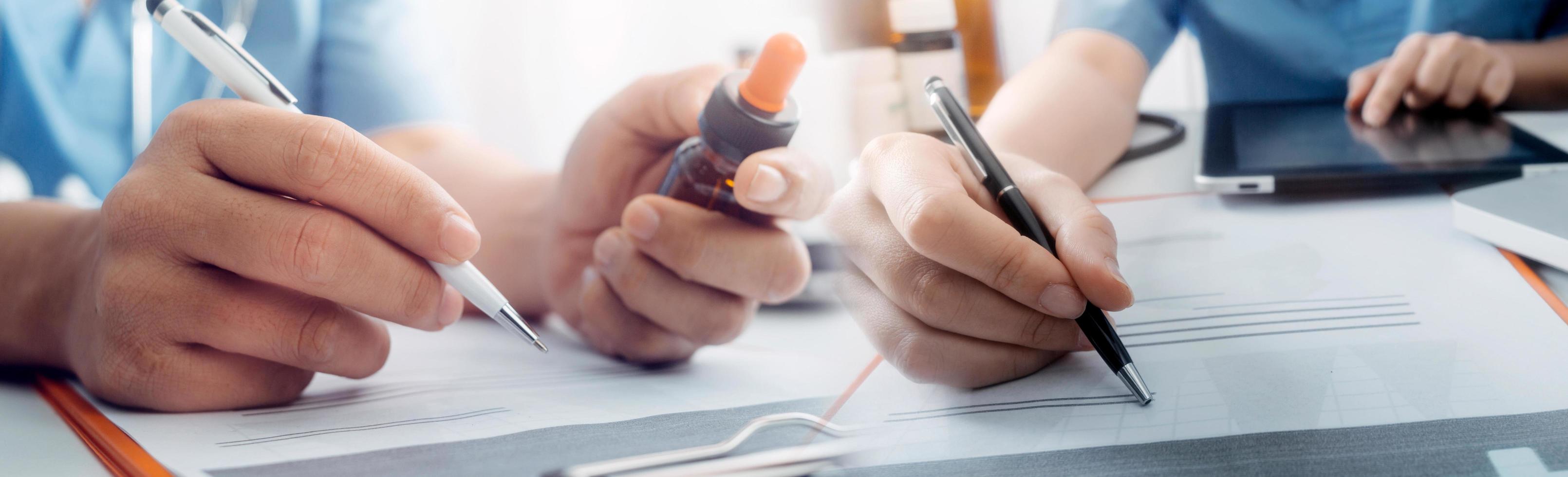 Double exposure of technology healthcare And Medicine concept. Doctors using digital tablet and modern virtual screen interface icons panoramic banner, blurred background. photo