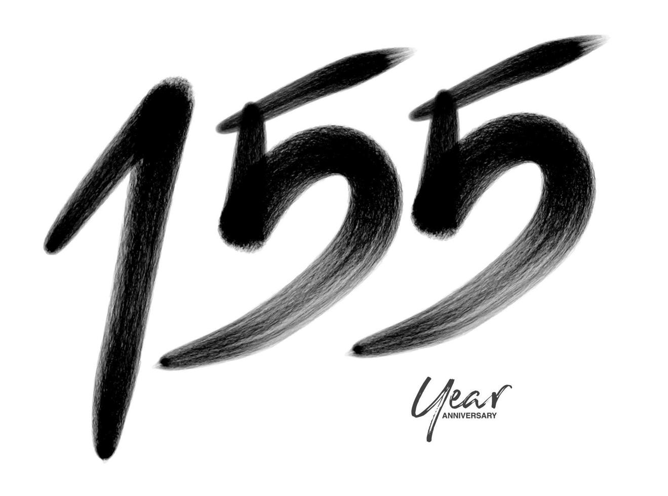 Plantilla de vector de celebración de aniversario de 155 años, diseño de logotipo de 155 números, 155 cumpleaños, números de letras negras dibujo de pincel boceto dibujado a mano, ilustración de vector de diseño de logotipo de número