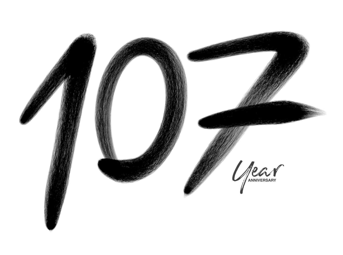 Plantilla de vector de celebración de aniversario de 107 años, diseño de logotipo de 107 números, 107 cumpleaños, números de letras negras dibujo de pincel boceto dibujado a mano, ilustración de vector de diseño de logotipo de número