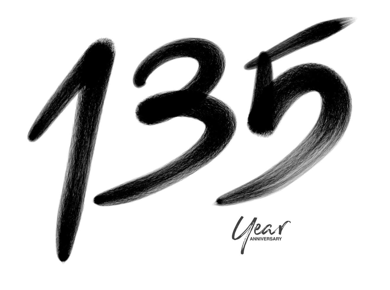 Plantilla de vector de celebración de aniversario de 135 años, diseño de logotipo de 135 números, 135 cumpleaños, números de letras negras dibujo de pincel boceto dibujado a mano, ilustración de vector de diseño de logotipo de número