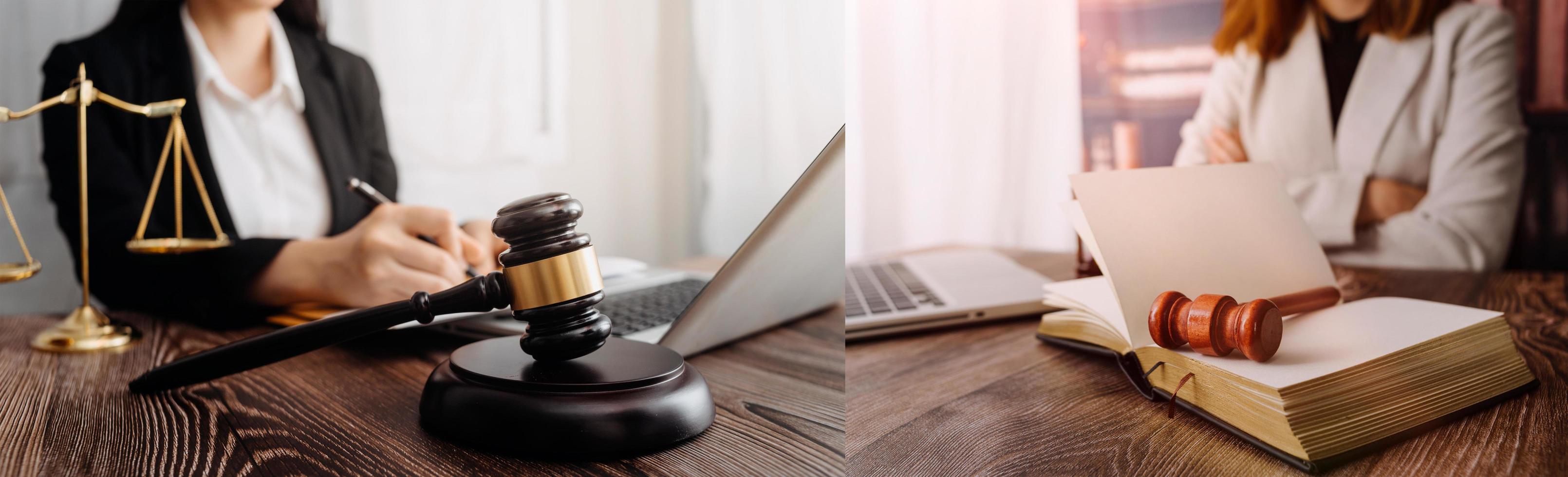 Business and lawyers discussing contract papers with brass scale on desk in office. Law, legal services, advice, justice and law concept picture with film grain effect photo