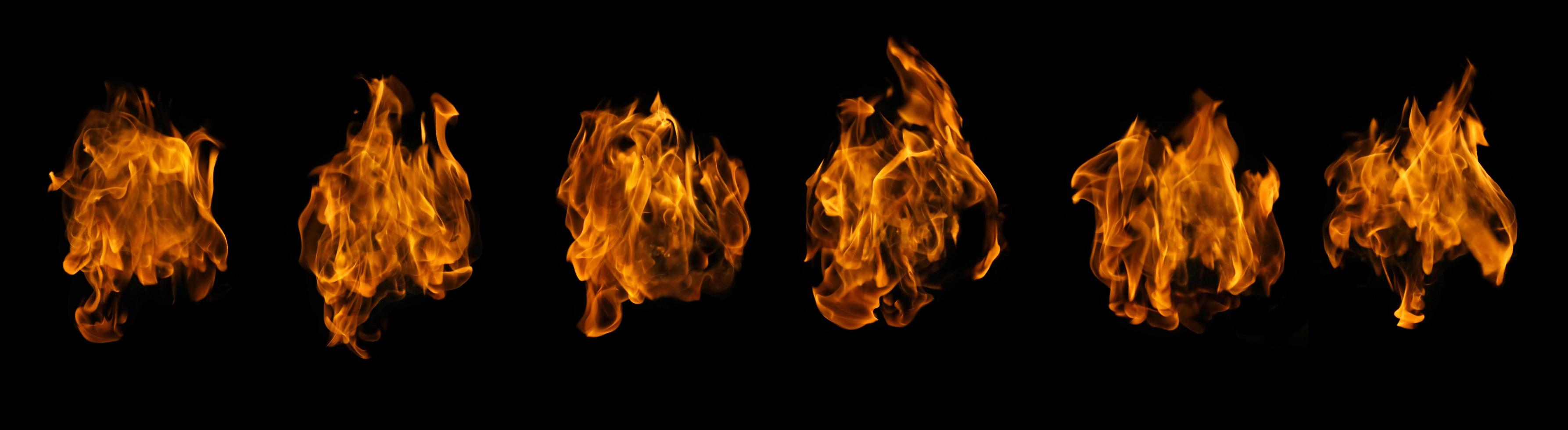 Fire collection set of flame burning isolated on dark background for graphic design usage photo