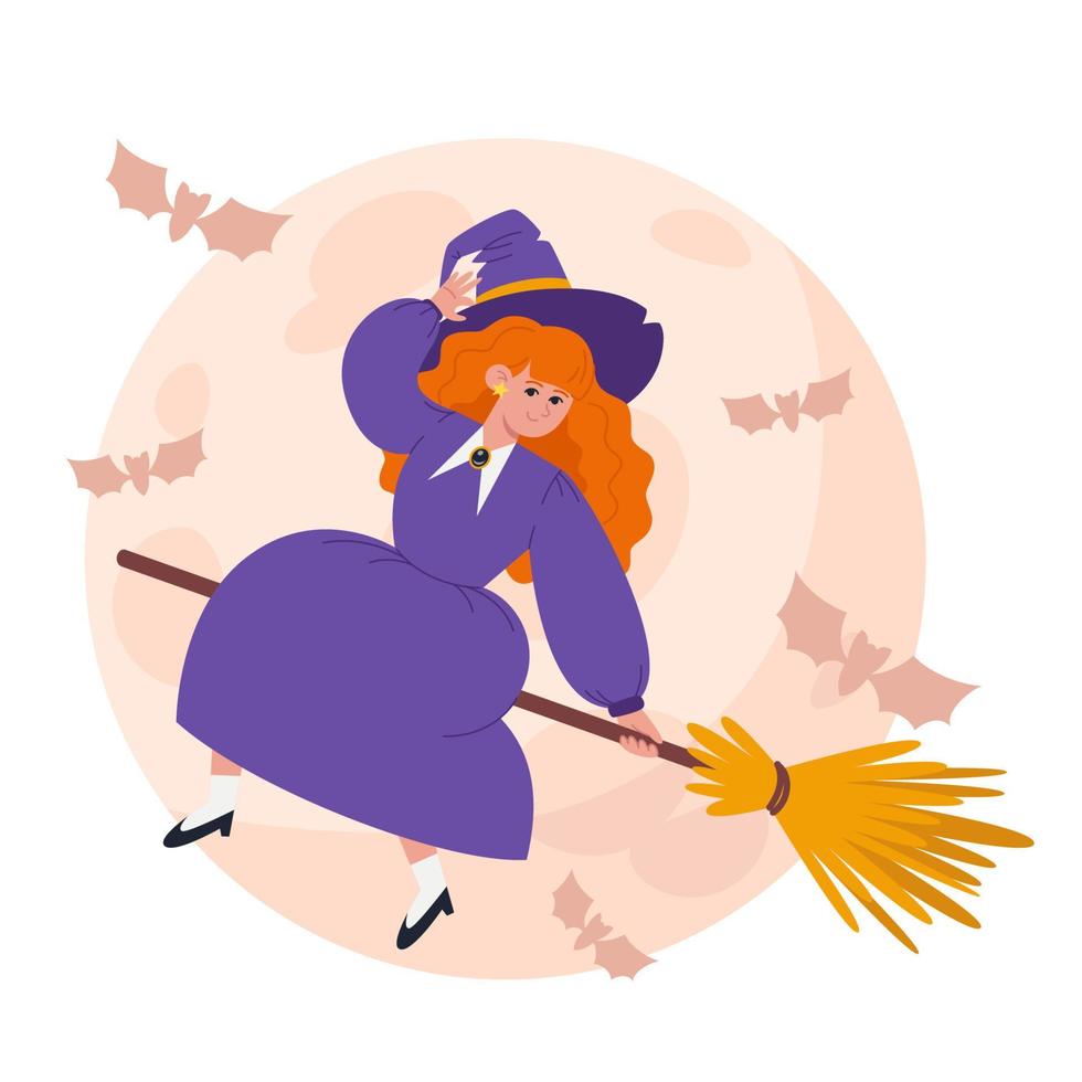 A witch in a purple dress and hat flies on a witch's broomstick vector