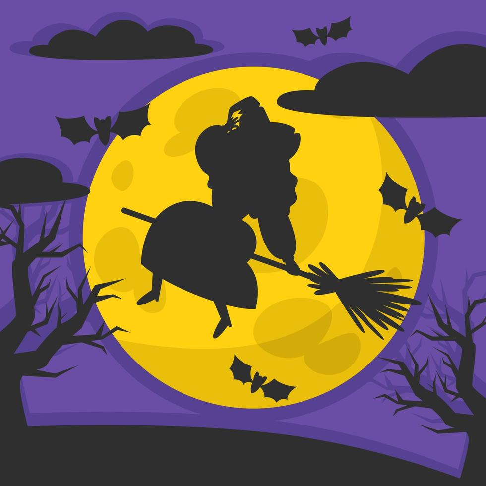 ilustración de paisaje nocturno de halloween con lápidas, bruja en escoba y luna llena vector