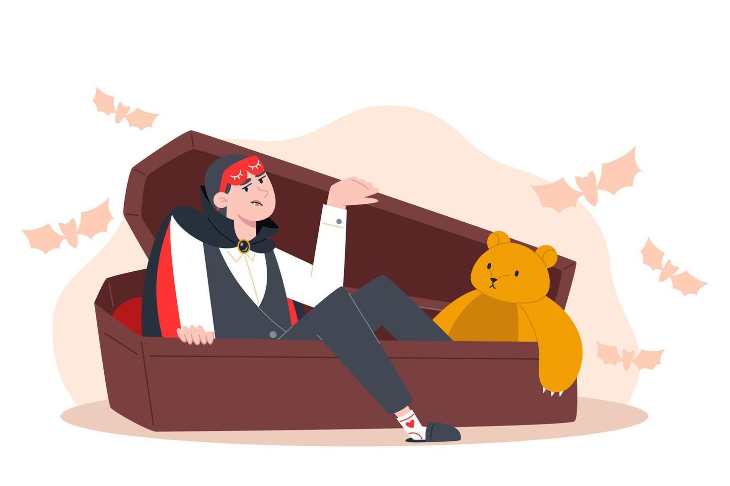 Disgruntled vampire woke up and looks out of the coffin, Halloween character vector